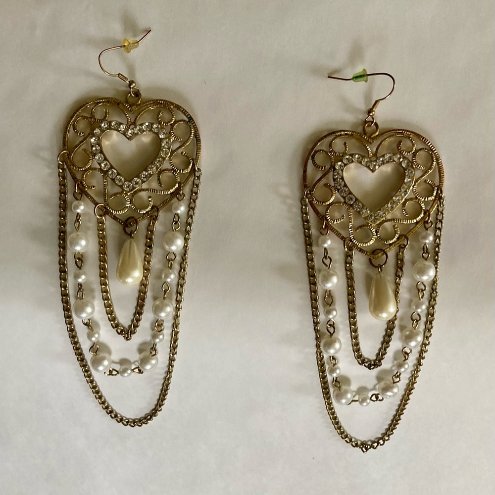 Gold Hearts Pearls & Chains Tiered Dangle Earrings 5.5”